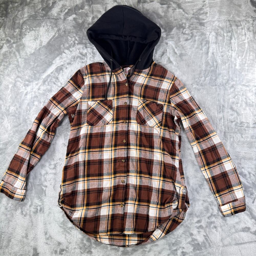 No Boundaries Womens XL Plaid Flannel Hooded Shirt Brown Yellow Button Up Hoodie